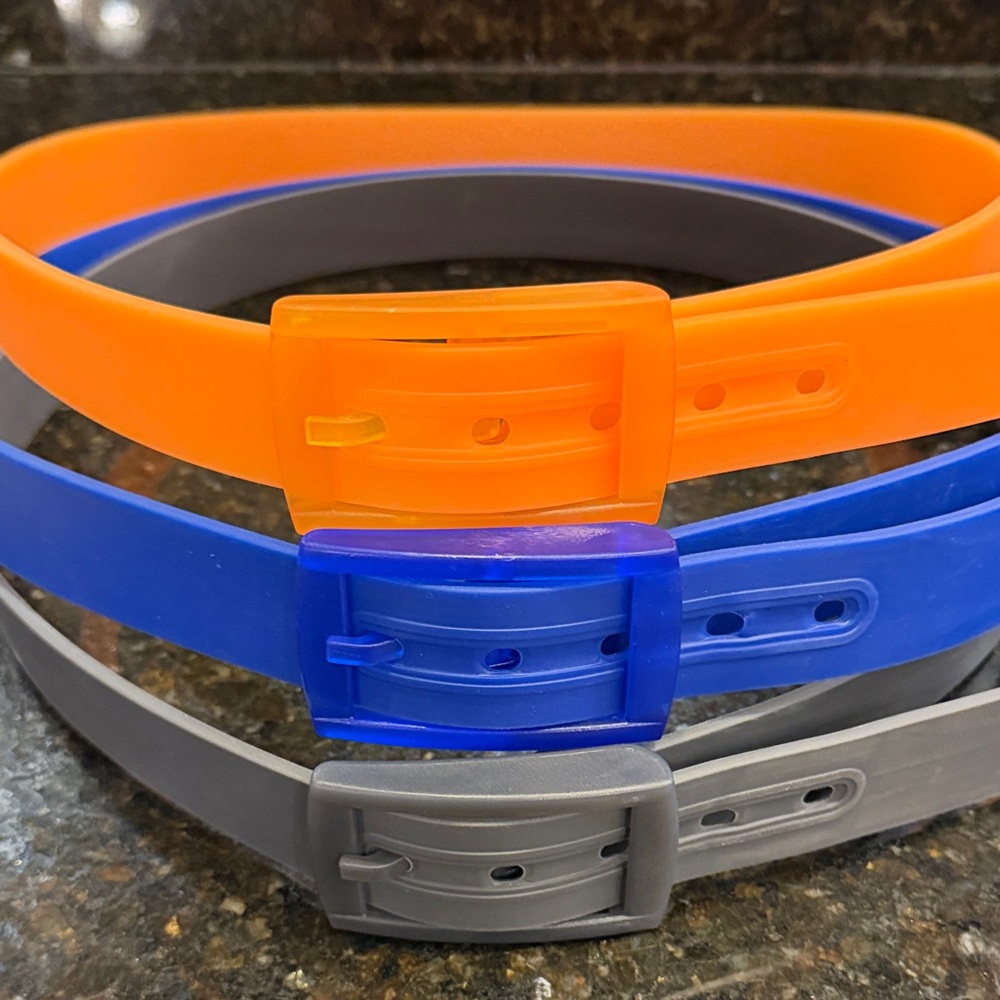 L/XL Bright Silicone Belts Trio - Orange, Royal Blue, Gray